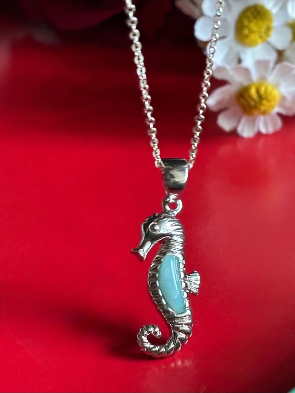 925 Silver Seahorse Pendant Necklace with Light Blue Inlay 21” adjustable